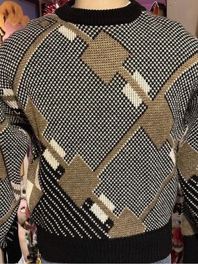 Pact Men's Crewneck Sweater in Black, Cream & Brown Geometric